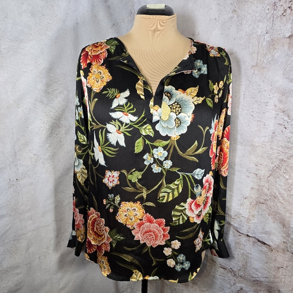 LOFT Small Tropical Sheer Black Shirt Floral Vacation Pink Green Yellow Cover-up - Picture 3 of 6